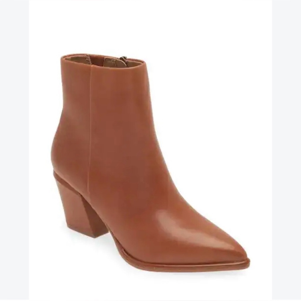 Blondo Emmalyn Waterproof Tan Pointed Toe heeled Leather Ankle Bootie Sz 7.5
